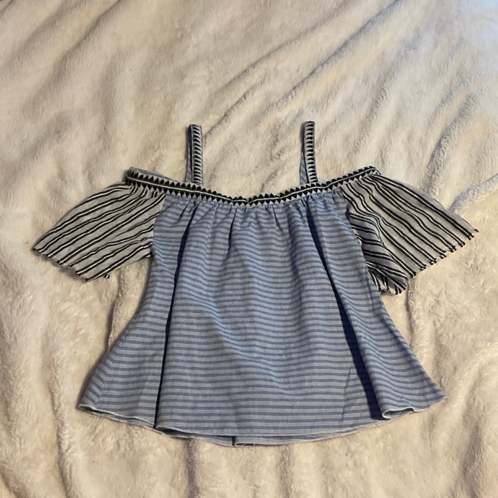 Lemlem Blue and White Striped Cold-Shoulder Crop Top